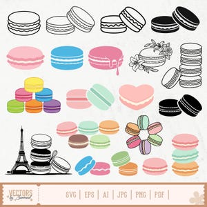 May include: A collection of colorful macaron illustrations in various styles. Some are solid colors, others are outlined, and one is heart-shaped. The image includes a stack of macarons and an Eiffel Tower silhouette.