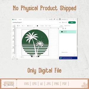 Op de afbeelding: Een digitaal ontwerp met een groene en witte palmboomafbeelding in een cirkelvormige lijst. De afbeelding staat tegen een digitale interface-achtergrond, met de tekst "No Physical Product Shipped" en "Only Digital File".
