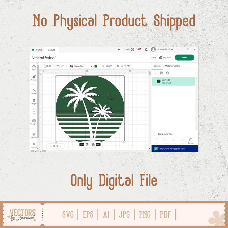 Op de afbeelding: Een digitaal ontwerp met een groene en witte palmboomafbeelding in een cirkelvormige lijst. De afbeelding staat tegen een digitale interface-achtergrond, met de tekst "No Physical Product Shipped" en "Only Digital File".
