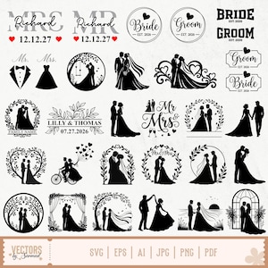 Puede incluir: Una colección de diseños vectoriales en silueta negra con temas de boda, incluyendo parejas, coronas florales, corazones y texto como "Mr.", "Mrs.", "Bride", "Groom", "Richard", "Lilly & Thomas" y fechas como "12.12.27" y "07.27.2026".