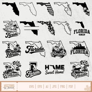 May include: A collection of Florida-themed SVG designs in black and white. The designs include the Florida state outline, text that says "Florida", and other graphics such as a flamingo, palm trees, and a lighthouse. The designs are available in SVG, EPS, AI, JPG, PNG, and PDF formats.