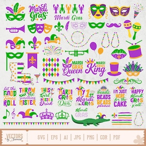 May include: A collection of Mardi Gras themed graphics in green, purple, and gold. Includes masks, crowns, musical instruments, and text elements like "Mardi Gras" and phrases such as "Let the good times roll."