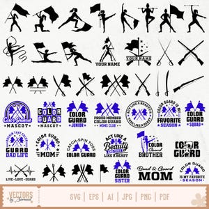 May include: A collection of black and blue vector graphics featuring color guard silhouettes, flags, rifles, and sabers. Designs include text such as Color Guard, Act Like A Beauty And Toss Like A Beast, and Band & Guard Mom, with file formats SVG, EPS, AI, JPG, PNG, and PDF listed.