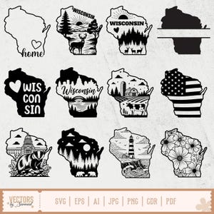 May include: Collection of Wisconsin-themed vector graphics in various styles. Designs include the state outline with a heart, deer, trees, and the text "Wisconsin." Other designs feature a farm, lighthouse, and floral patterns.