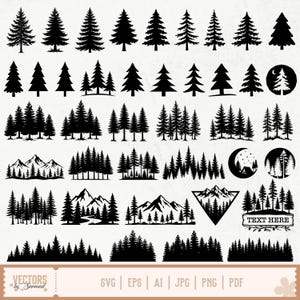 Puede incluir: Una colección de gráficos vectoriales en silueta negra que presentan varios diseños de pinos, paisajes forestales, cadenas montañosas y motivos lunares circulares. Un gráfico incluye una pancarta con el texto "TEXT HERE".