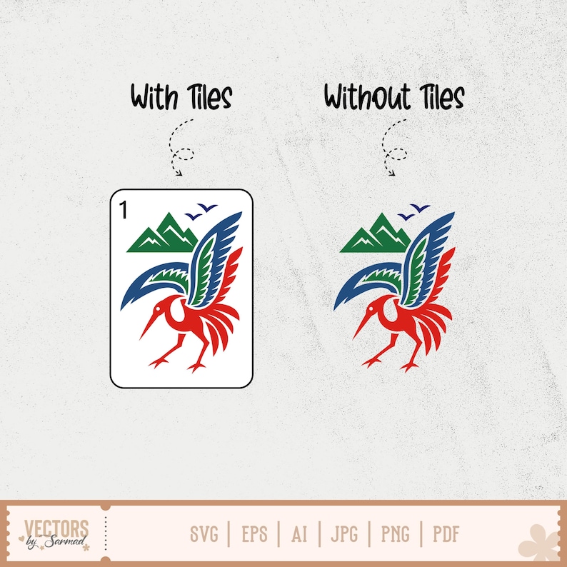 May include: A graphic design featuring a red bird with blue and green wings, a mountain range, and the text "With Tiles" and "Without Tiles". The design is available in SVG, EPS, AI, JPG, PNG, and PDF formats.