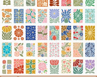 Paquete de 40 imágenes SVG y PNG de flores abstractas, flores bohemias SVG, flores danesas SVG, flores retro SVG, imágenes prediseñadas de flores modernas, flores de primavera SVG, arte para pared