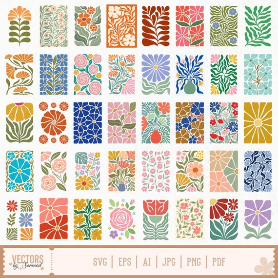 40 Abstract Flower Svg Png Bundle, Boho Flower SVG, Danish Flower Svg, Retro Flower Svg, Groovy Flower Clipart, Spring Flower Svg, Wall Art