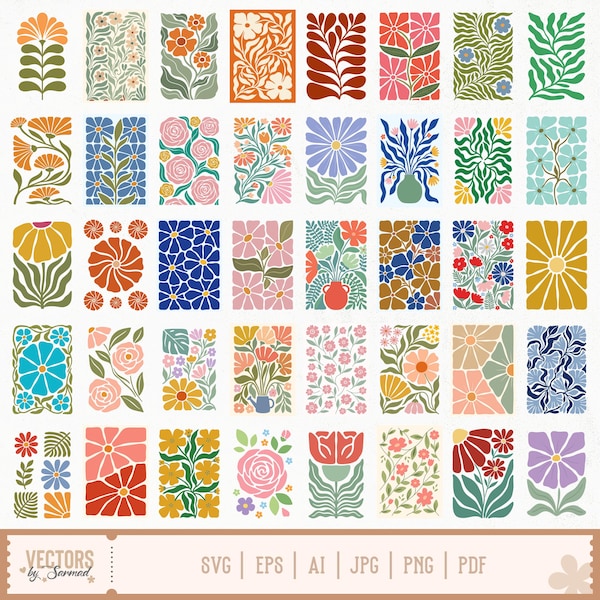 Può includere: Una collezione di grafiche vettoriali floreali in varie forme rettangolari. I disegni presentano fiori colorati, foglie e motivi astratti nelle tonalità dell'arancione, rosa, blu e verde. La parte inferiore dell'immagine include il testo "VECTORS by Sarmad" e le icone dei tipi di file.