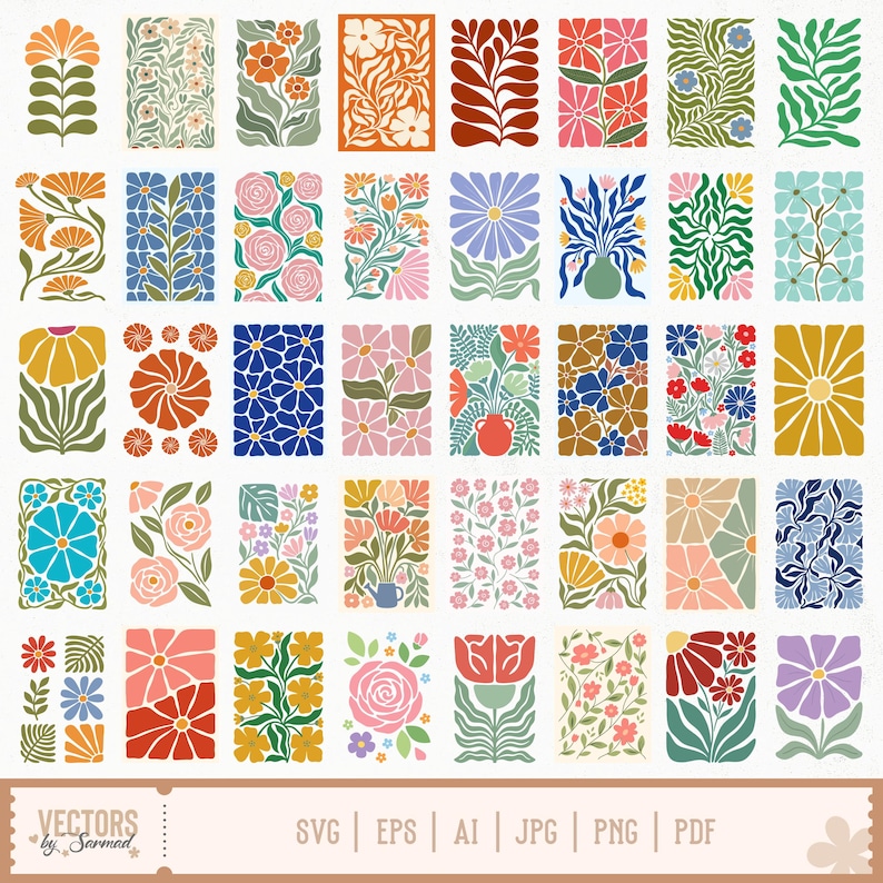 Op de afbeelding: Een verzameling bloemenvectorafbeeldingen in verschillende rechthoekige vormen. De ontwerpen bevatten kleurrijke bloemen, bladeren en abstracte patronen in tinten oranje, roze, blauw en groen. De onderkant van de afbeelding bevat de tekst "VECTORS by Sarmad" en bestandstype-pictogrammen.
