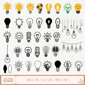May include: A collection of light bulb illustrations in various styles, including solid, outline, and decorative designs. Some bulbs feature internal designs like a brain, a rocket, and a heart. The image includes the text "VECTORS by Sarmad" and file type options.