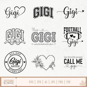 Pu&ograve; includere: Una collezione di nove disegni a tema Gigi in bianco e nero. I disegni includono la parola "Gigi" in vari caratteri, un pallone da football, un cuore e le frasi "All Day Mode Every Day" e "My favorite people call me Gigi."