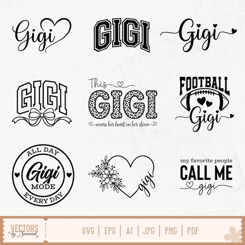 Pu&ograve; includere: Una collezione di nove disegni a tema Gigi in bianco e nero. I disegni includono la parola "Gigi" in vari caratteri, un pallone da football, un cuore e le frasi "All Day Mode Every Day" e "My favorite people call me Gigi."