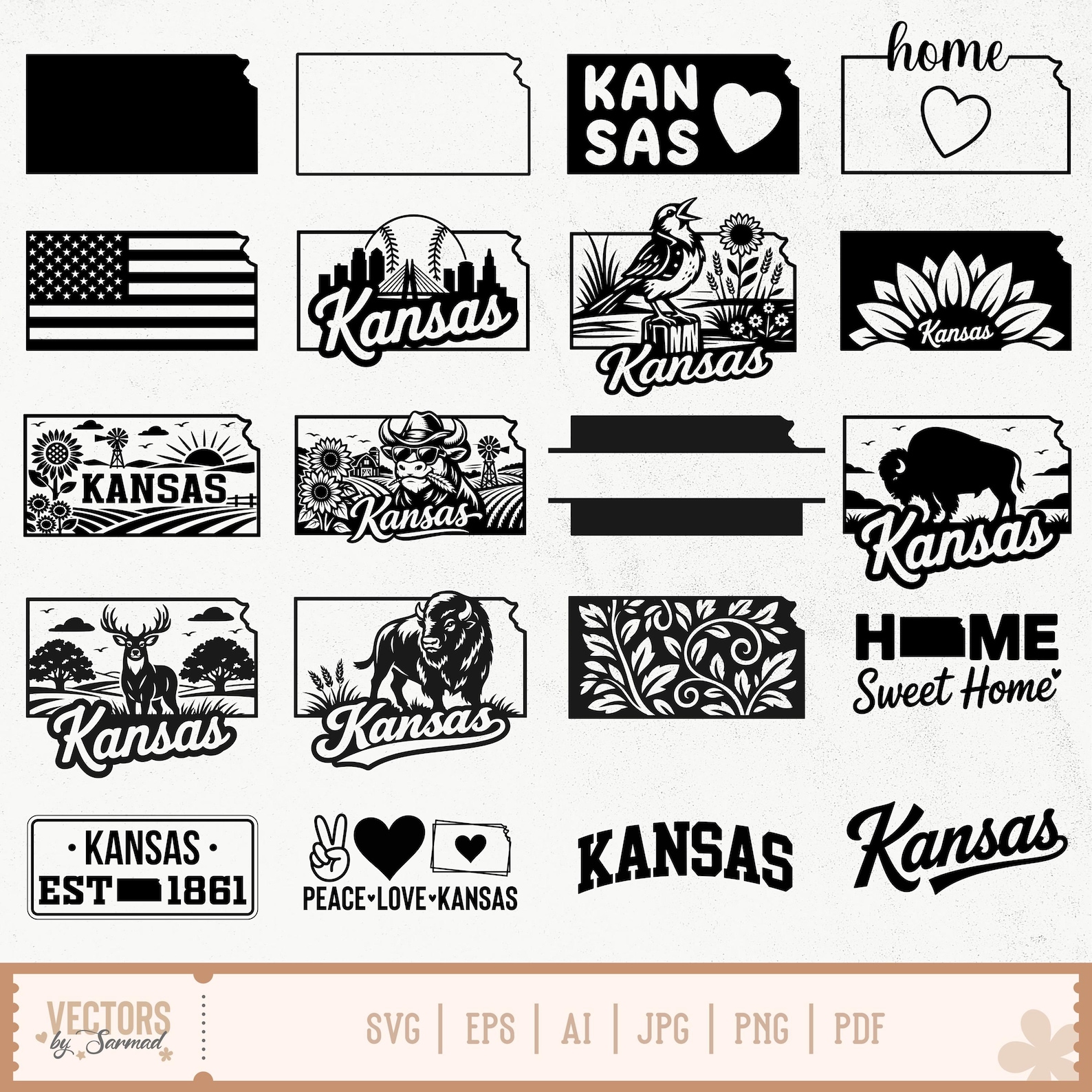 Kansas SVG Bundle, Kansas State SVG, Kansas Outline SVG, Kansas Art ...