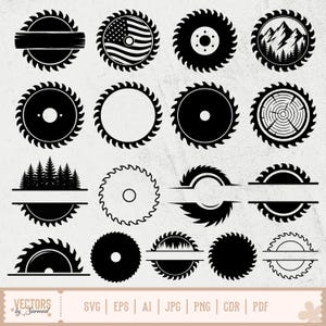 May include: A collection of black circular saw blade designs. Some blades feature an American flag, mountains, trees, and a wood grain pattern. The image also includes text that says "VECTORS by Sarmad" and file type options.