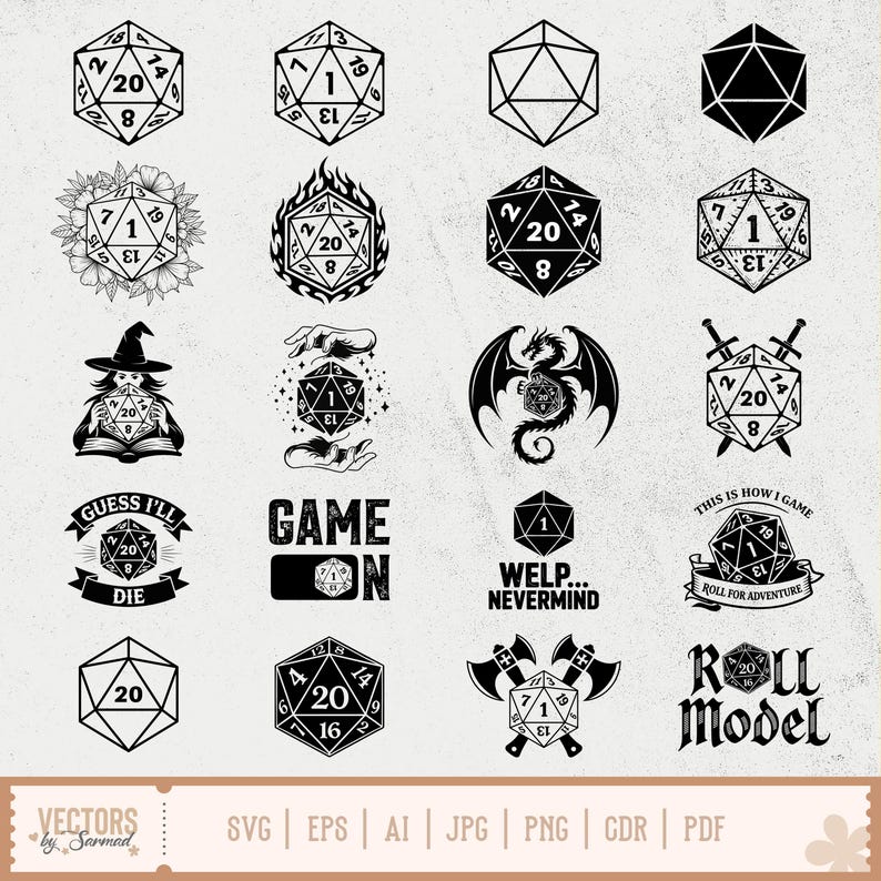 May include: A selection of black and white digital designs showcasing D20 dice, dragons, swords, and text elements such as "Game On" and "Roll Model." These designs are ideal for crafting projects.