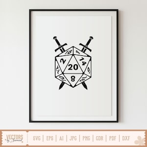May include: Framed black and white print of a twenty-sided die with crossed swords. The die is numbered and centered, with two swords piercing through it. The print is in a black frame.