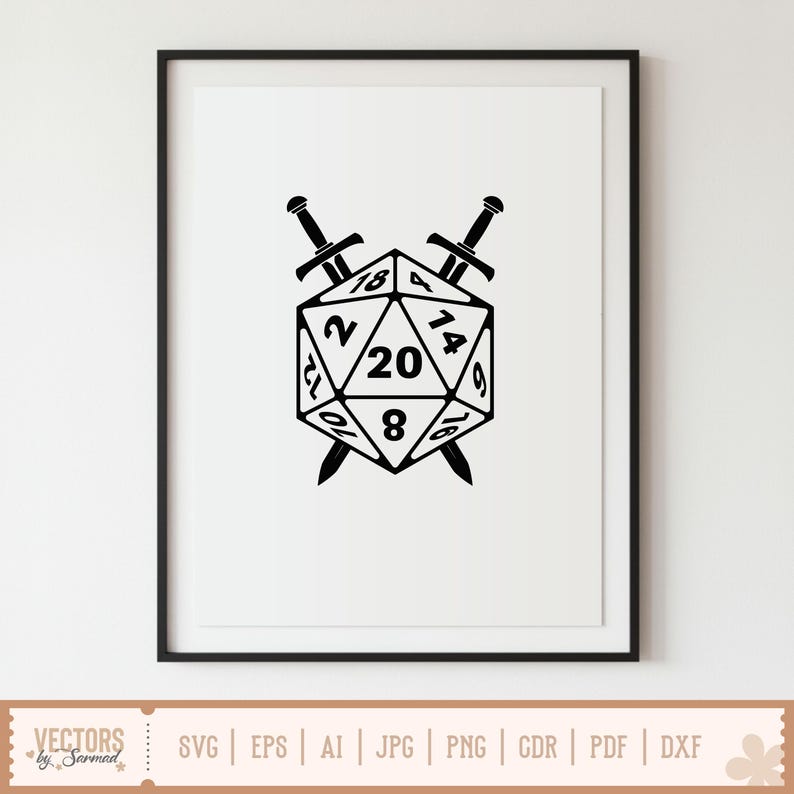 May include: Framed black and white print of a twenty-sided die with crossed swords. The die is numbered and centered, with two swords piercing through it. The print is in a black frame.