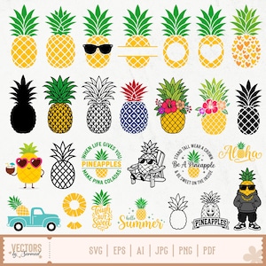 Puede incluir: Una colección de ilustraciones vectoriales con temática de piña que presenta varios diseños, incluyendo piñas con gafas de sol, acentos florales, patrones de corazones, texto como 'Aloha' y 'Be A Pineapple', y un personaje de piña con sudadera.