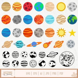 May include: A collection of digital illustrations featuring various planets, stars, a sun, a comet, and a rocket ship. The set includes colorful circular icons and black and white line art designs, with file format text at the bottom reading SVG, EPS, AI, JPG, PNG, PDF.