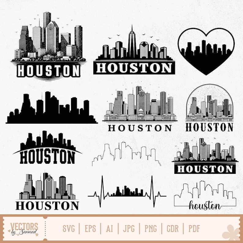 Peut inclure: Plusieurs designs de la ligne d'horizon de Houston en noir et blanc. Les designs incluent des paysages urbains d&eacute;taill&eacute;s, des silhouettes et une ligne d'horizon en forme de c&oelig;ur. Chaque design pr&eacute;sente le mot "HOUSTON" dans diff&eacute;rentes polices. L'image comprend &eacute;galement des ic&ocirc;nes de type de fichier.