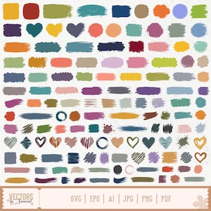 May include: A collection of colorful vector graphics, including brush strokes, hearts, circles, and squares in various shades. The image includes the text "VECTORS by Sarmad" and file type options: SVG, EPS, AI, JPG, PNG, and PDF.