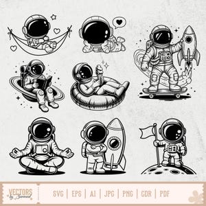 May include: A collection of black and white astronaut illustrations in various poses. One astronaut is in a hammock, another is lounging, and others are reading, eating ice cream, and skateboarding. The image includes the text "VECTORS by Sarmad".