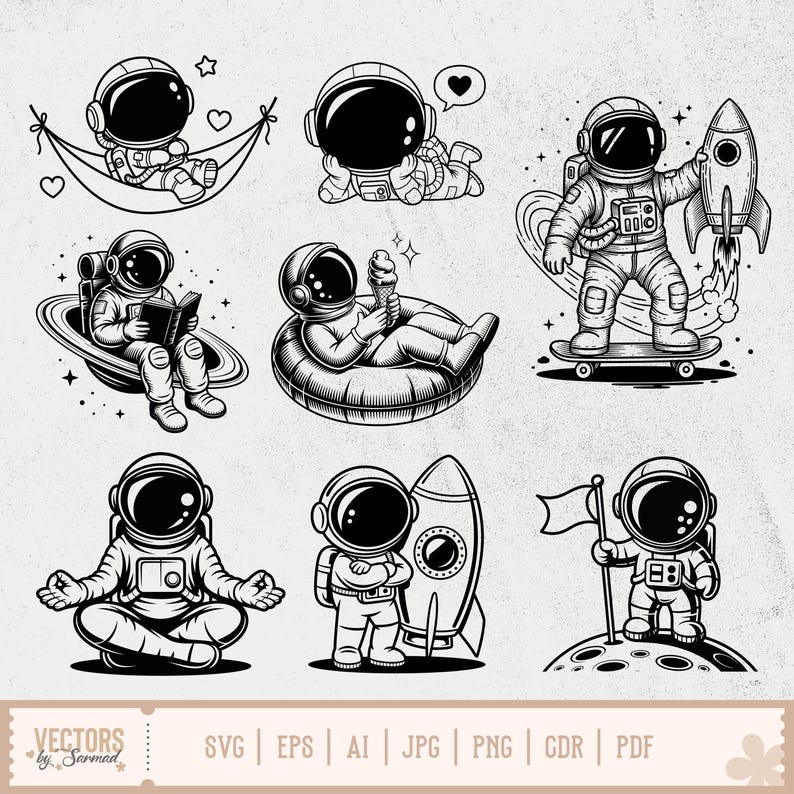 May include: A collection of black and white astronaut illustrations in various poses. One astronaut is in a hammock, another is lounging, and others are reading, eating ice cream, and skateboarding. The image includes the text "VECTORS by Sarmad".