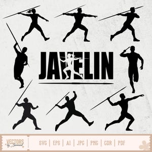 Puede incluir: Un conjunto de siluetas negras que representan atletas lanzando una jabalina. La palabra "JAVELIN" se muestra en letras negras y en negrita. La imagen tambi&eacute;n incluye iconos de tipos de archivo como SVG, EPS, AI, JPG, PNG, CDR y PDF.