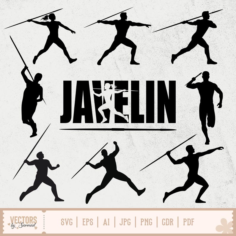 Puede incluir: Un conjunto de siluetas negras que representan atletas lanzando una jabalina. La palabra "JAVELIN" se muestra en letras negras y en negrita. La imagen tambi&eacute;n incluye iconos de tipos de archivo como SVG, EPS, AI, JPG, PNG, CDR y PDF.