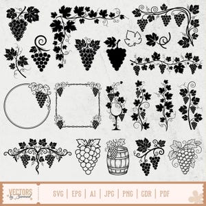 May include: A collection of black and white vector illustrations featuring grape vines, bunches of grapes, and decorative frames. Includes a wine glass, a barrel, and various design elements for wine-themed projects. The image also includes the text "VECTORS by Sarmad" and file type abbreviations.