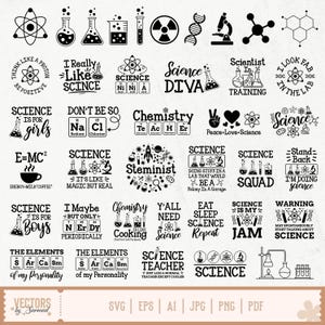 Op de afbeelding: Een verzameling zwart-wit wetenschapsthema's en tekstontwerpen. De afbeelding bevat verschillende illustraties van laboratoriumapparatuur, atomen en zinnen als "Science Diva", "Science is for Girls" en "Eat Sleep Science Repeat".