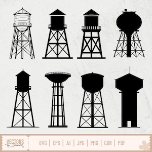 May include: Eight black water tower silhouettes in diverse designs. The image shows towers with varied roof shapes and support structures, ideal for digital art or design. Text at the bottom indicates file formats: SVG, EPS, AI, JPG, PNG, CDR, and PDF.