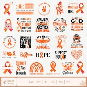 May include: A collection of orange leukemia awareness digital graphics featuring ribbons, butterflies, hearts, rainbows, and motivational text like Leukemia Warrior, In Our Family Nobody Fights Alone, and My Hero Is Now My Angel on a white background.