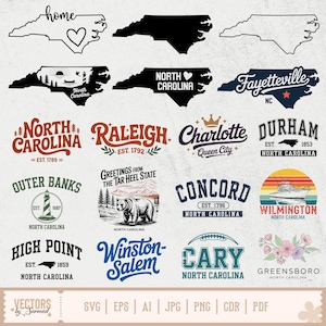May include: A selection of North Carolina-themed vector graphics. Designs include the state outline, city names like Raleigh and Charlotte, and illustrations of landmarks and symbols. The colour palette is a mix of blues, greens, and reds.