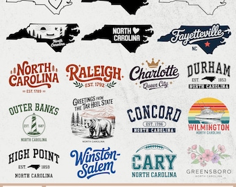 North Carolina SVG PNG Bundle, Raleigh, Charlotte, Durham, Outer Banks, Concord, Wilmington, High Point, Winston-Salem, Cary, Greensboro SVG