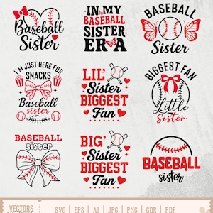 Puede incluir: Nueve dise&ntilde;os diferentes para archivos de corte SVG de hermana de b&eacute;isbol. Los dise&ntilde;os presentan pelotas de b&eacute;isbol, bates, lazos, corazones y texto. El texto incluye frases como "Hermana de b&eacute;isbol", "En mi era de hermana de b&eacute;isbol", "Hermana peque&ntilde;a la mayor fan&aacute;tica" y "La mayor fan&aacute;tica hermana peque&ntilde;a".