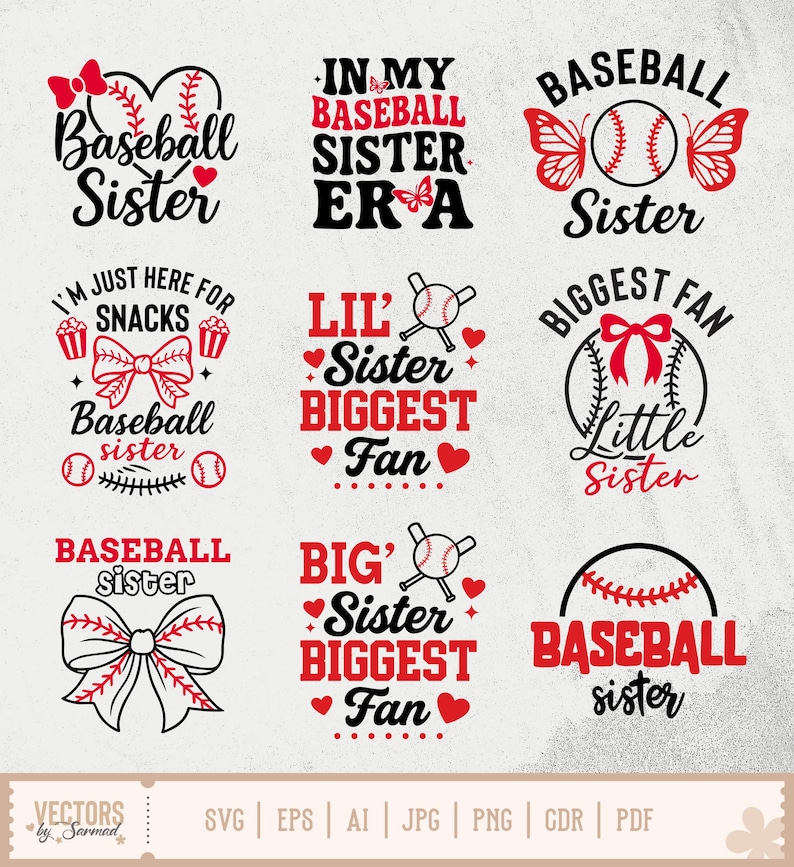 Puede incluir: Nueve dise&ntilde;os diferentes para archivos de corte SVG de hermana de b&eacute;isbol. Los dise&ntilde;os presentan pelotas de b&eacute;isbol, bates, lazos, corazones y texto. El texto incluye frases como "Hermana de b&eacute;isbol", "En mi era de hermana de b&eacute;isbol", "Hermana peque&ntilde;a la mayor fan&aacute;tica" y "La mayor fan&aacute;tica hermana peque&ntilde;a".