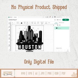 Peut inclure: Un design num&eacute;rique de l'horizon de Houston en noir et blanc, affich&eacute; sur un &eacute;cran d'ordinateur. Le mot "HOUSTON" est en &eacute;vidence sous l'horizon. L'image comprend &eacute;galement le texte "No Physical Product Shipped" et "Only Digital File".