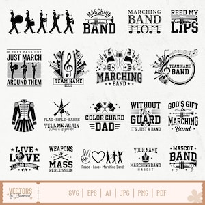 May include: A collection of twenty black and white vector designs featuring marching band and color guard themes. The graphics include silhouettes of musicians, instruments like trumpets and drums, uniforms, and text such as Marching Band, Color Guard Dad, and Reed My Lips.