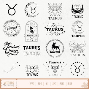 May include: A collection of black and white Taurus zodiac sign designs. The images include the Taurus symbol, a bull, and various decorative elements like stars, flowers, and moons. The designs are suitable for digital art projects.