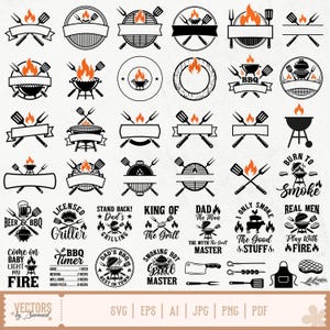 May include: A collection of black and orange vector graphics featuring barbecue themes, including grill icons, crossed spatulas and forks, flames, and various text phrases like "King of the Grill," "Dad's Grilling," and "Burn to Smoke."
