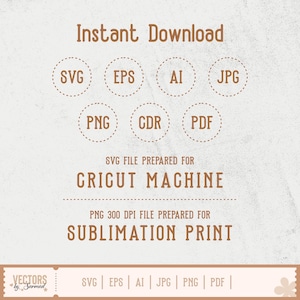 Op de afbeelding: Een tan digitale kunstprint met de woorden "Instant Download" bovenaan. Hieronder staan ​​cirkelvormige pictogrammen voor de bestandstypen SVG, EPS, AI, JPG, PNG, CDR en PDF. Tekst geeft aan dat de bestanden zijn voorbereid voor Cricut-machines en sublimatieprint.