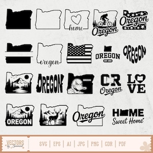 May include: A collection of black and white Oregon-themed designs. The designs include the state outline, text, and illustrations of a cyclist, mountains, a duck, and a deer. The designs are in a variety of styles, including a heart, a flag, and a retro font.