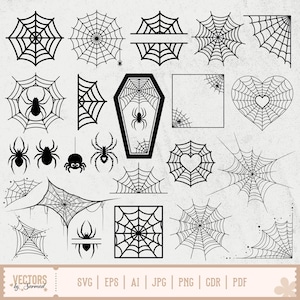 May include: A collection of black spiderwebs and spiders in various designs. Includes circular, heart-shaped, and corner web designs, along with spider silhouettes. The image also contains the text "VECTORS by Sarmad" and file type abbreviations.