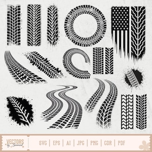 Puede incluir: Una colección de diseños de huellas de neumáticos negros en varias formas y estilos. Incluye patrones de pista circulares, curvos y rectos, junto con un diseño de bandera estadounidense hecho de huellas de neumáticos. La imagen también incluye el texto "VECTORS by Sarmad" y opciones de tipo de archivo.