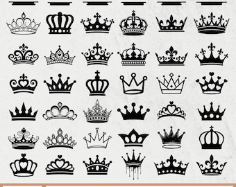 Puede incluir: Una colección de diseños de coronas negras en varios estilos, incluyendo coronas ornamentadas, simples y en forma de corazón. Las coronas se muestran sobre un fondo claro. La imagen también incluye el texto "VECTORS" y enumera formatos de archivo.