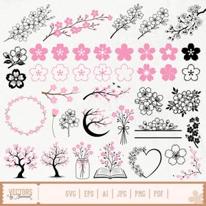 May include: A collection of vector illustrations featuring cherry blossom designs. The image includes various elements such as branches, individual flowers, wreaths, and trees in pink and black. The bottom of the image displays the text "VECTORS by Sarmad" and file type options.