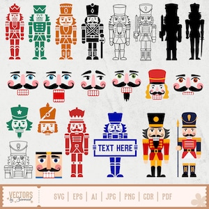 Puede incluir: Ilustraciones de cascanueces coloridos en varios estilos. Los diseños incluyen figuras de cuerpo completo, caras y siluetas en rojo, verde, naranja, negro y azul. Una figura sostiene un letrero que dice "TEXT HERE".