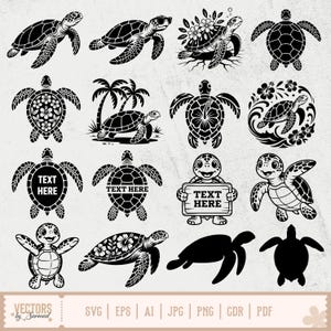 May include: A collection of black and white sea turtle illustrations in various poses and styles. Some turtles feature floral designs, while others have text areas. The image includes the text "TEXT HERE" and file type information.
